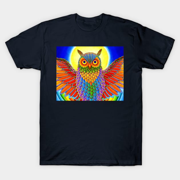 Colorful Rainbow Psychedelic Owl T-Shirt by rebeccawangart